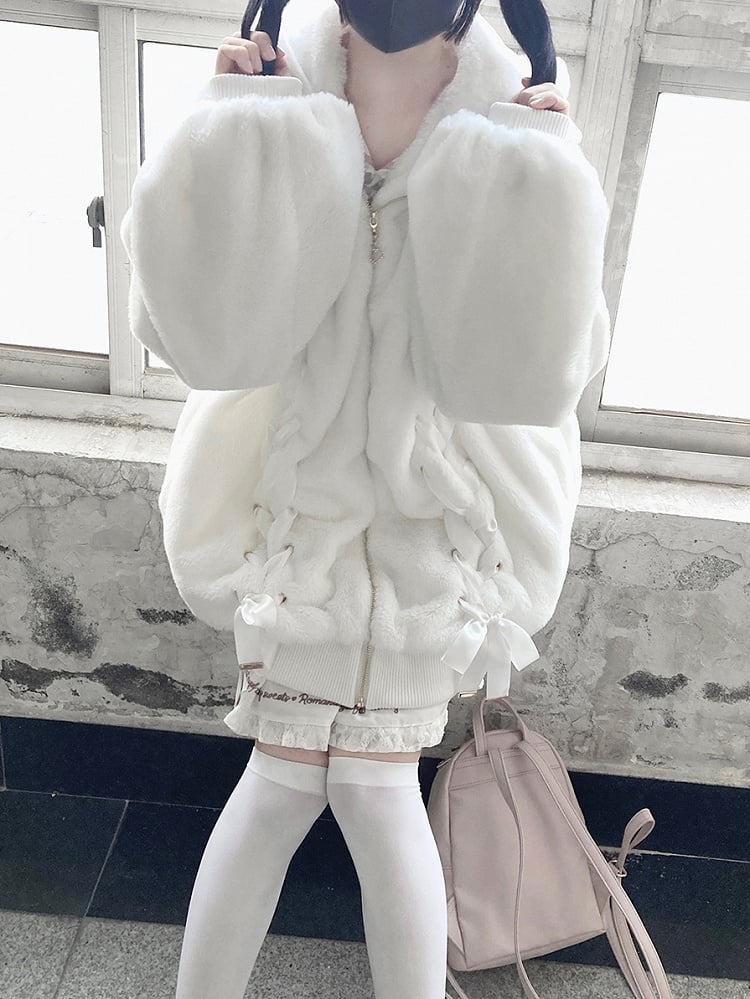 Coat Bow with Jirai Bunny-Ear Plush Hood Kei Lace-Up White