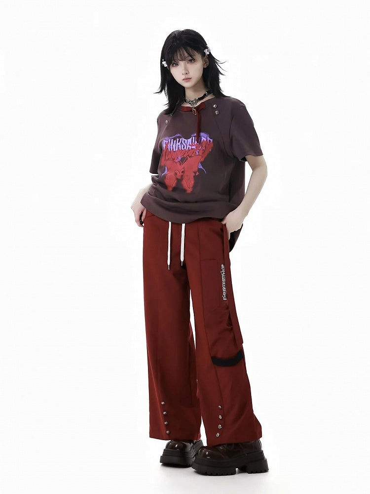 Straight-Leg Pants Red Drawstring Waist Stud Details