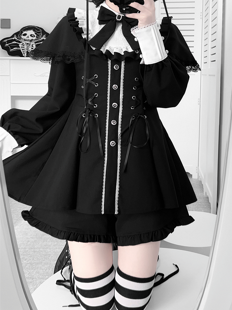 Black Dress Jirai Cape Tie Set Lace-Up Bow Matching + Design Long-Sleeve Shorts Kei