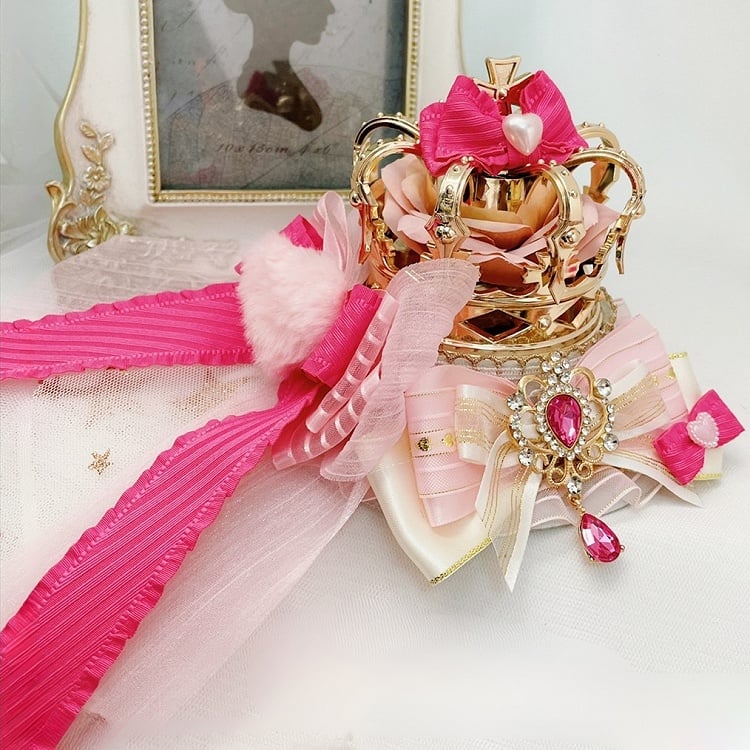 Rosa-weiße Details, Strass-Anhänger, Krone, Jirai-Mini-Kei-Hut, Schleife