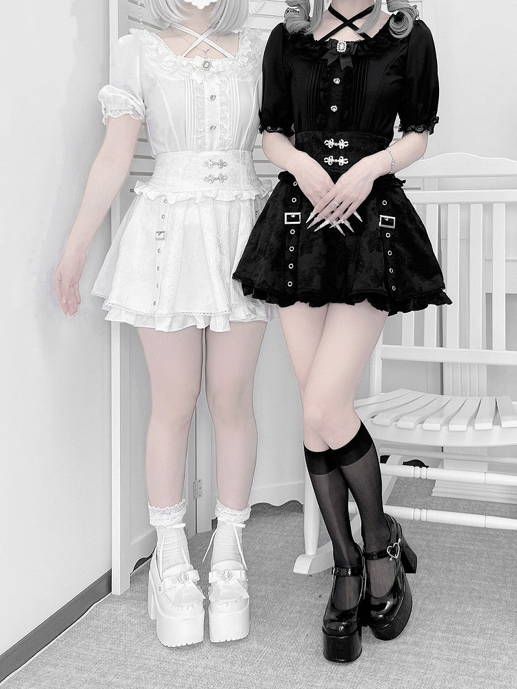 Knot Cheongsam Jacquard Skirt Buckle Style Jirai Kei Black Straps Techwear Buttons with