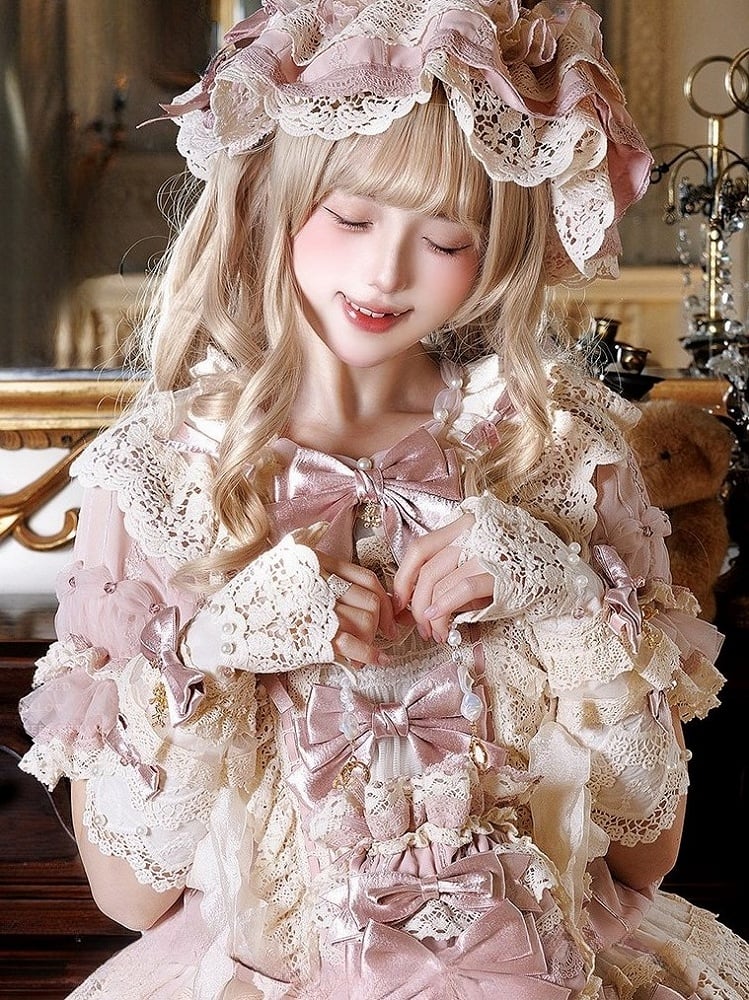 Wrist and Beads Beige Lolita with Cuffs Pink Sweet Bows