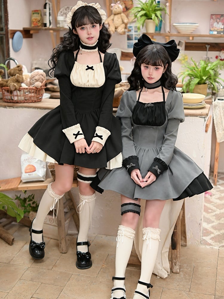 Choker Gray Black Ruffled with / Lolita Maid Key Charm Heart