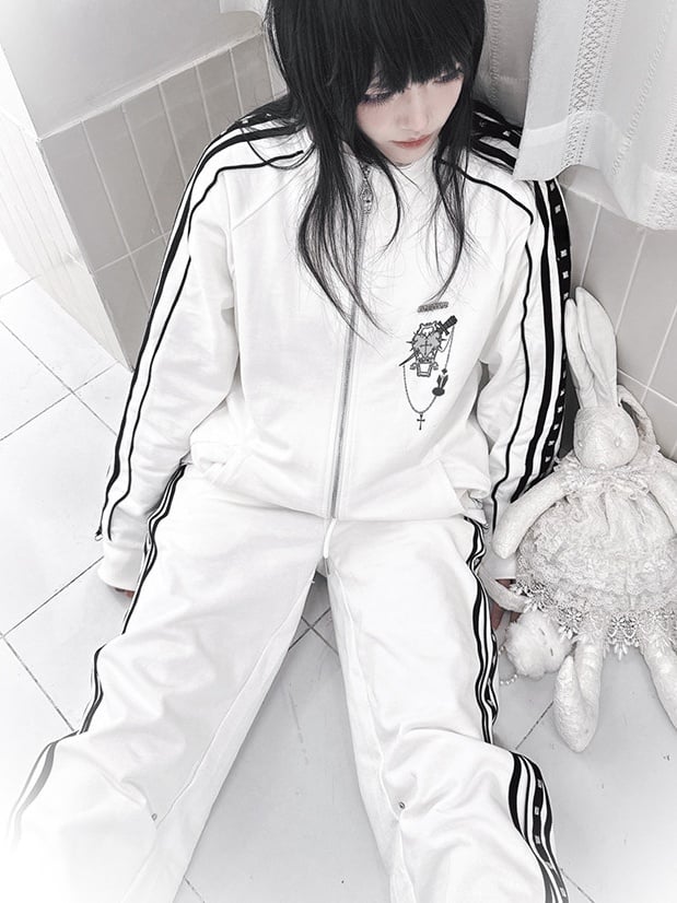 Kei Stud Pants White Striped with Jirai Decorations Casual
