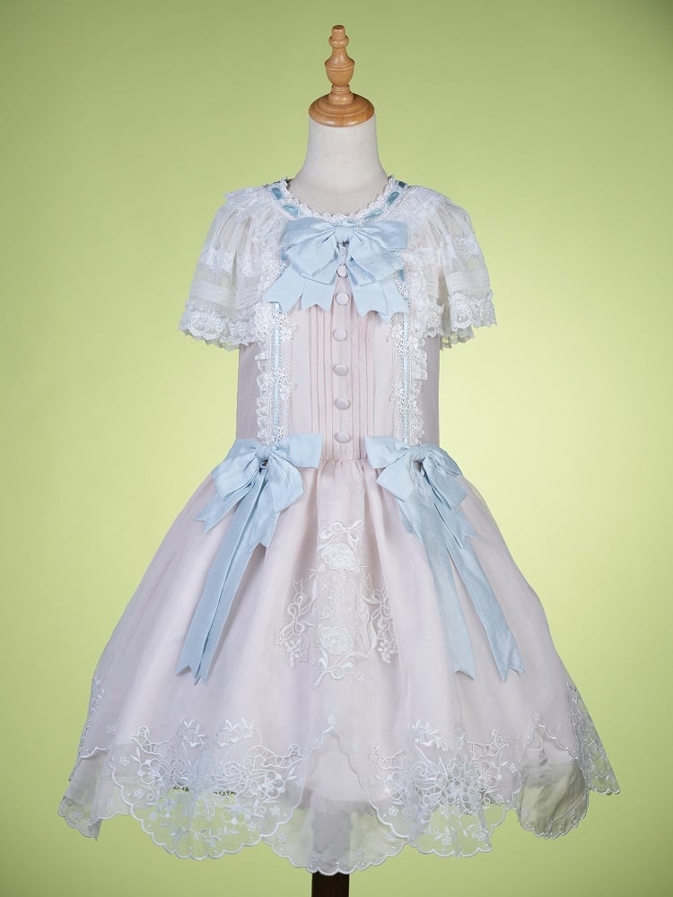 Pink Flutter Sleeve Lolita Dress with Bows and Scallop Trim