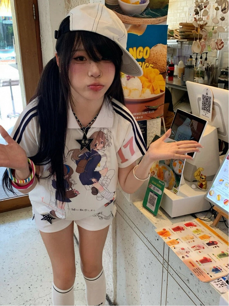 Polo and Cartoon Contrast Shirt Graphic with Stripes White