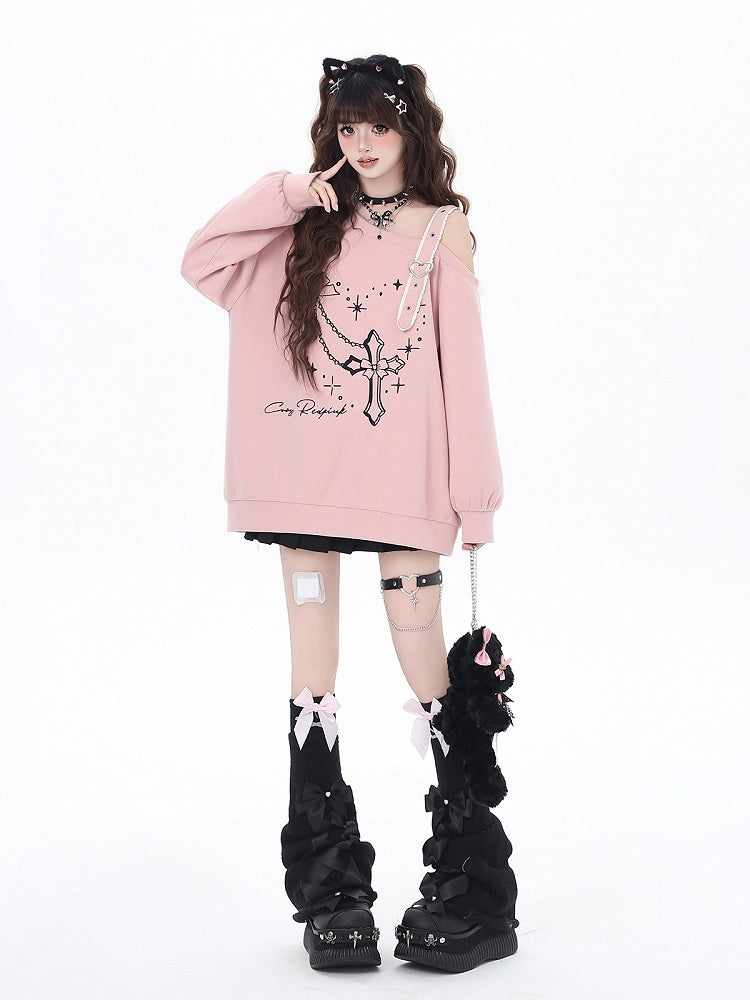 Schwarz/Rosa Sweatshirt mit asymmetrischem Ausschnitt, Herzschnalle und Kreuzstickerei