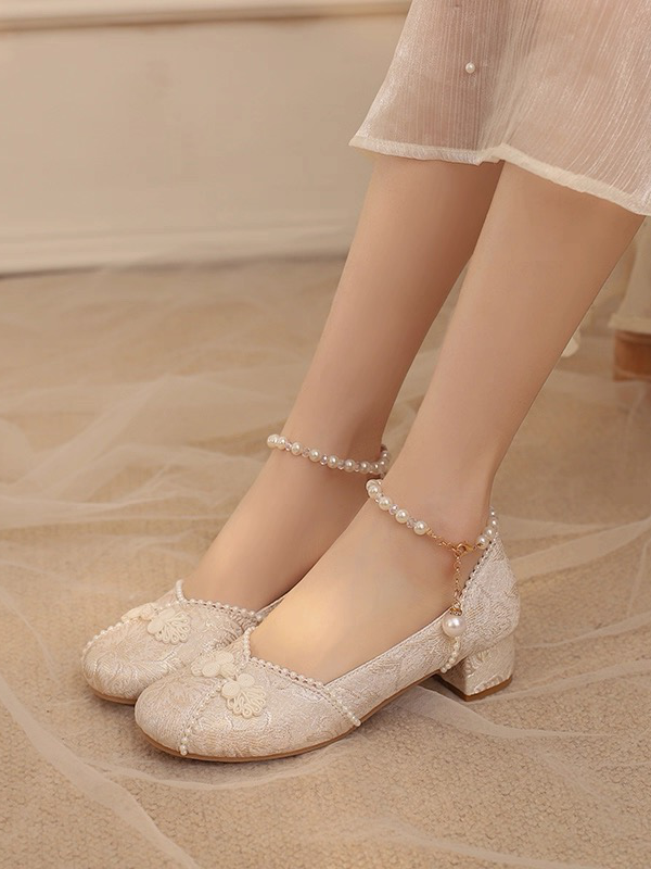 Frog Beige Accent Strap Ankle Qi Beaded Lolita Shoes Button Mid-heel