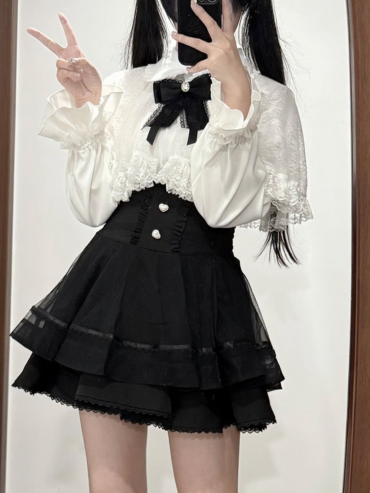 Cape with White Size Kei Tie Jirai Blouse Bow Lace Available Detachable Plus