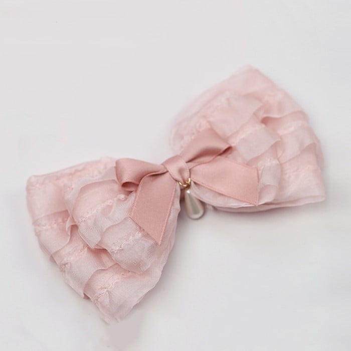 Haarspange in Schleifenform, Lolita-Anhänger mit Rüschen und rosafarbenem Perlentropfen