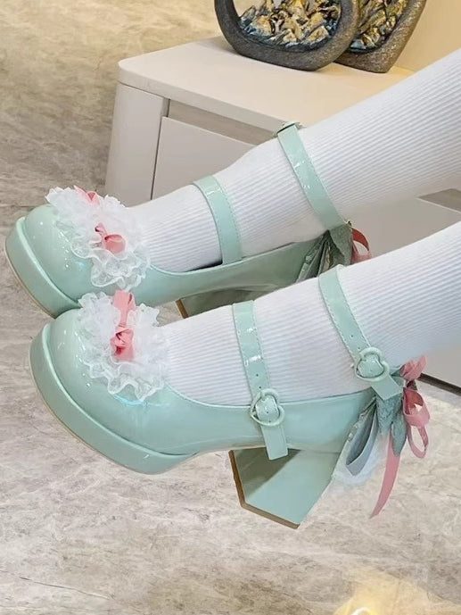 High Trim Block Lace Heart Buckles at Bow Top Green Knotted Heels
