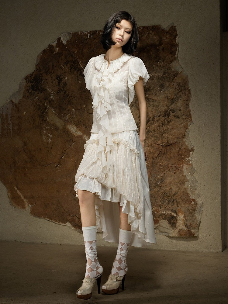 Punk Style Beige Short Sleeve Blouse with Ruffled Trim and Back Lace-Up - ARIADNAw