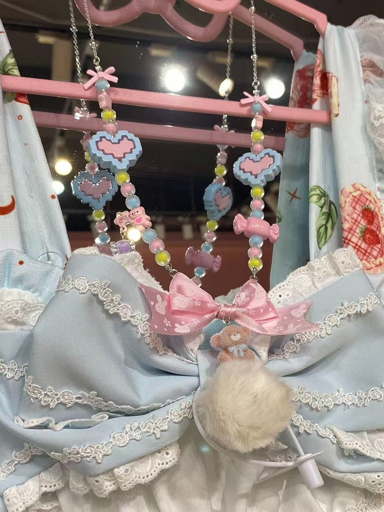 Beaded Necklace with Pink and Blue Bows and Bear Pendant - Inspiration Post
