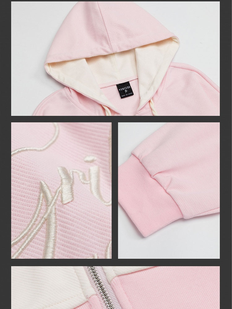 Schwarz/Rosa Kapuzenjacke mit Buchstabenstickerei und Colorblock-Reißverschluss