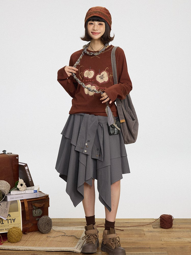 Kawaii Shirt Sleeve Print Long Brown Decorated - Red Apple