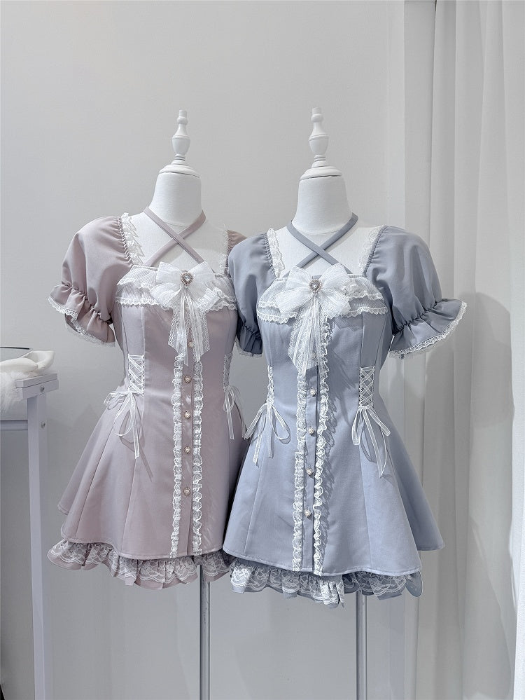 with Dusty Dress Jirai and Kei Blue Tie Buttons Set: Neck Heart Halter Shorts Adjustable