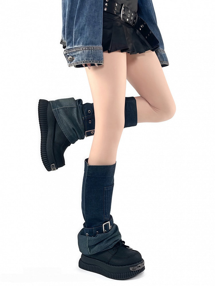 Blue/Black Color Gradient Leg Design Denim Loose Y2K Buckle Strap with Cuff Warmers