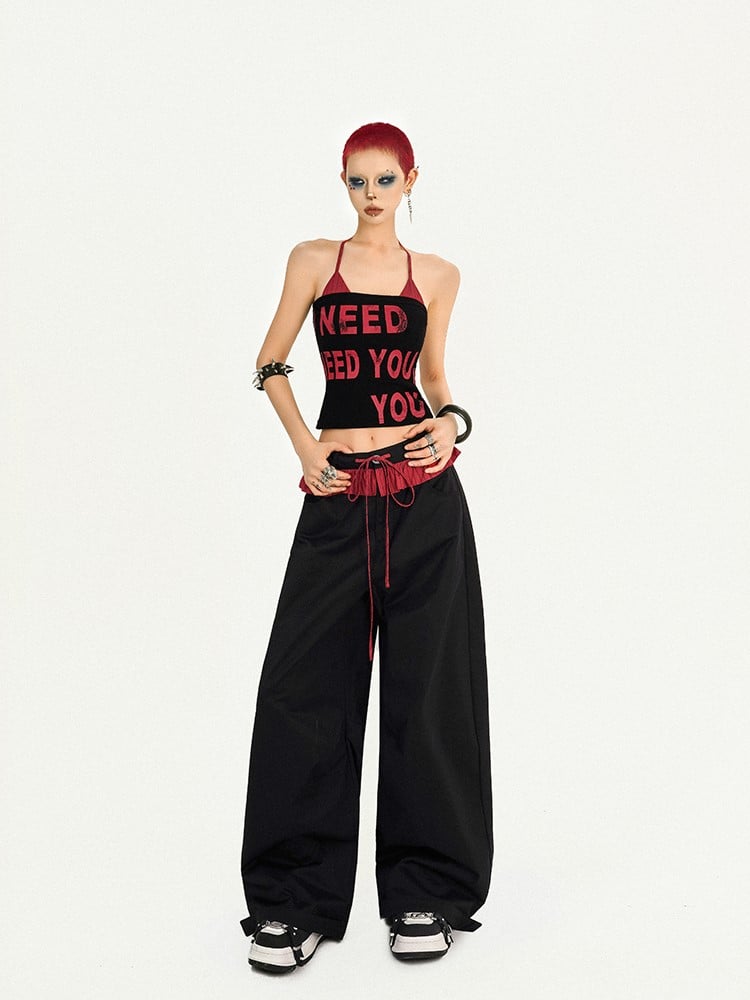 Lettered Trendy Two-Piece Set: Black Halter Bra Red Crop Tube Top Striped Padded