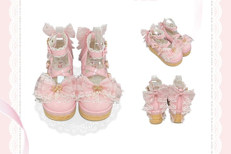 Sakura Pink Removable Bow Train and Bead Chain Hanayome Lolita Platform Shoes