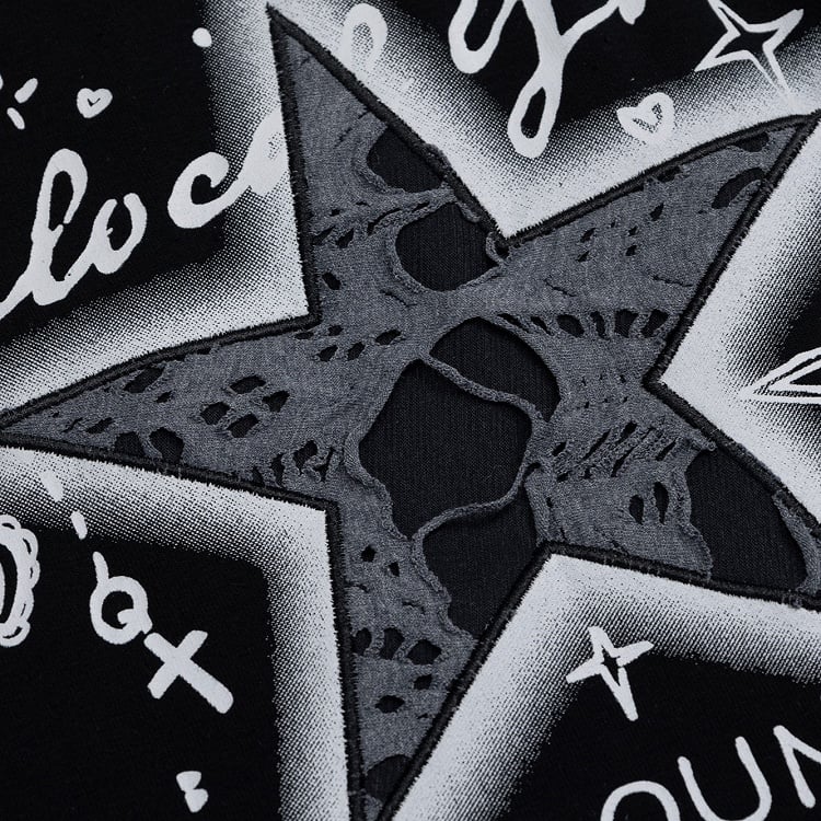 Two-Piece Top with Star Embroidery Black/White Faux Asymmetrical Off-Shoulder