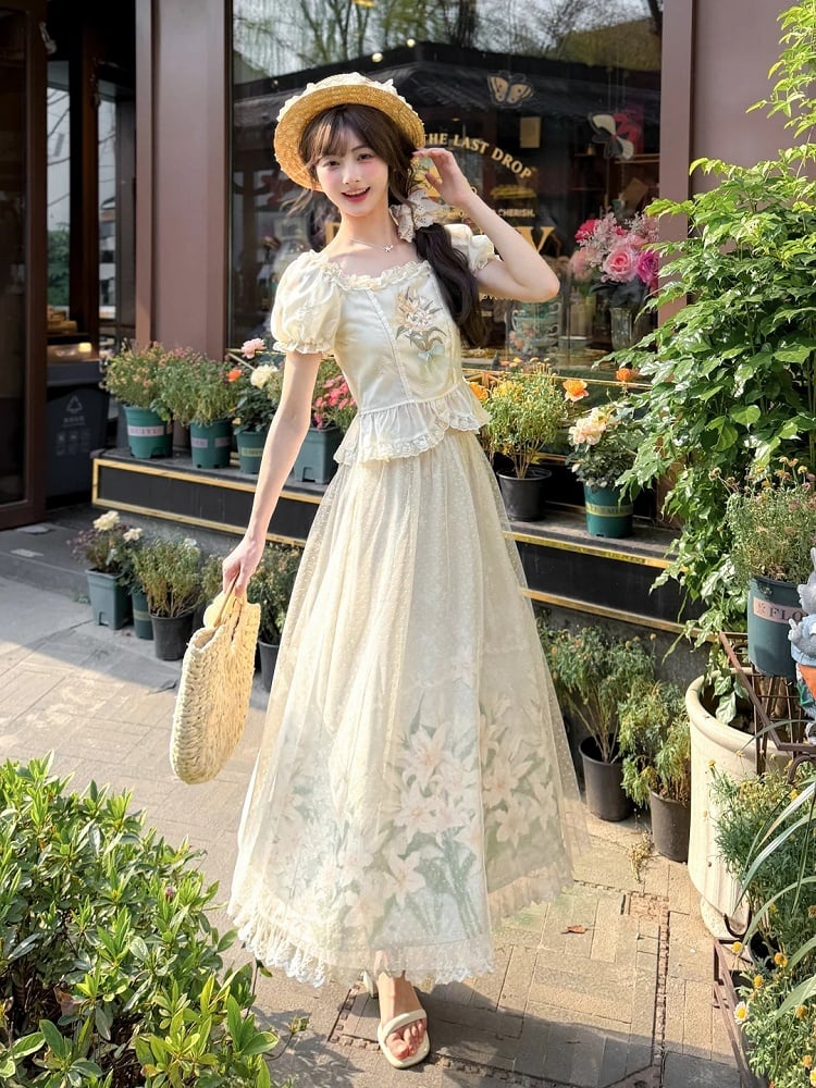 Beige Square Ruffled Blouse Trim Neckline Puff Sleeves Lily Embroidery Lace