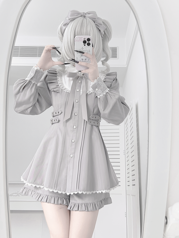 Matching Gray Kei + Bow Set Shorts Lace Long-Sleeve Light Dress Jirai Ruffle
