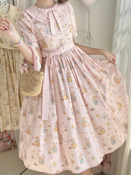 Version Bear Sweet Dress Print Short Sleeves Pink Lolita