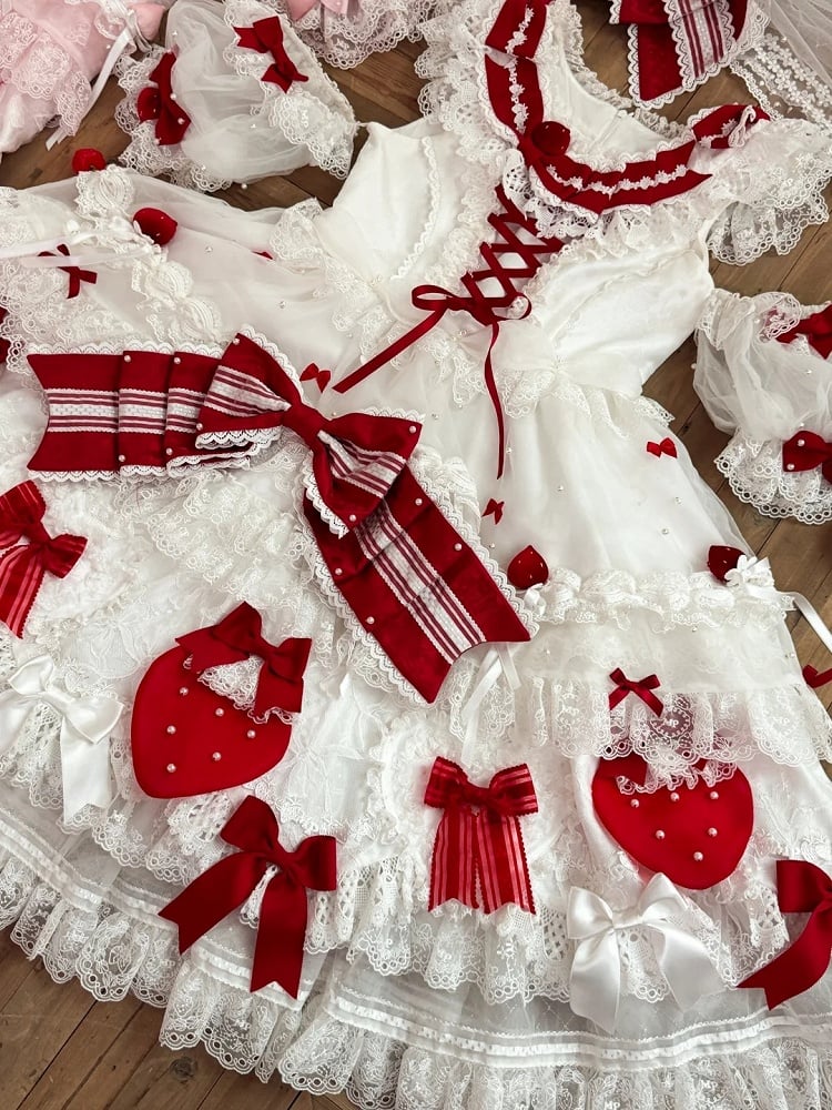 Red and Accents Lace Ruffles with Dress Lolita White Sweet Bow Layered