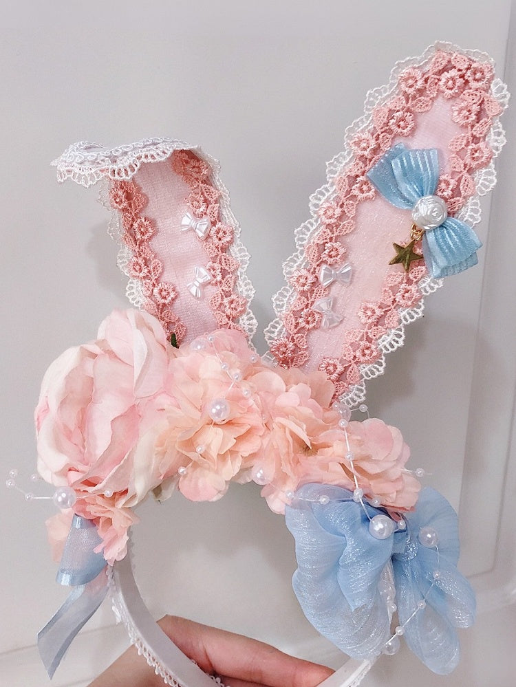Design Details Ears Sweet KC Decorated Floral Beaded Lolita BluePink Bunny Bowknot