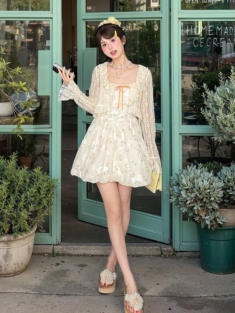 Bubble Sweet Kleid mit selbstbindenden Trägern Slip Apricot Blumenmuster Rock Urlaub