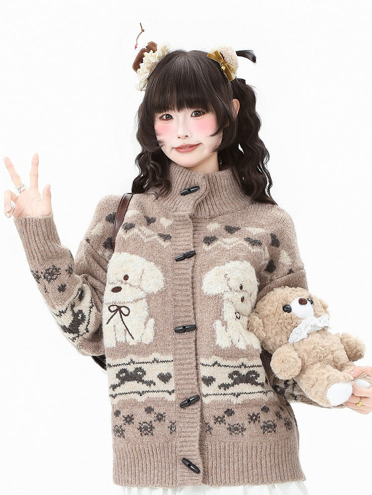 Brown/Grey with Toggle Pattern Buttons Daily Puppy Cardigan Coffee Kawaii