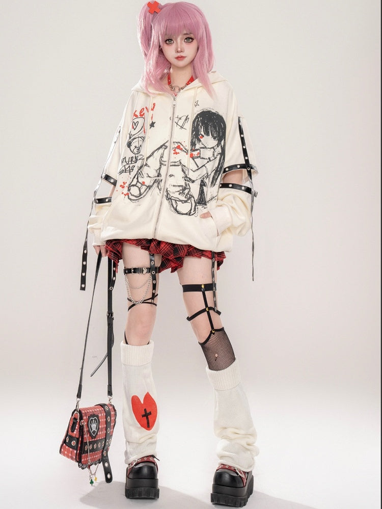 Punk Schwarz/Beige Comic Girl Kapuzenjacke mit Reißverschluss und ausgeschnittenen Ärmeln