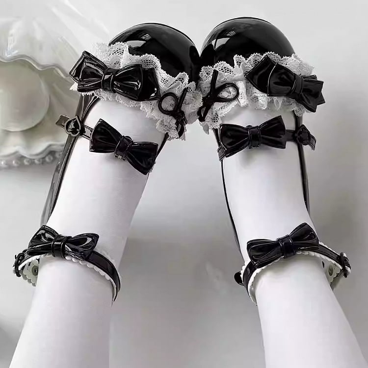 Leather PU Heel Bow Top Low-heel Shoes 3cm Lolita Accents Trim with Black and - Lace