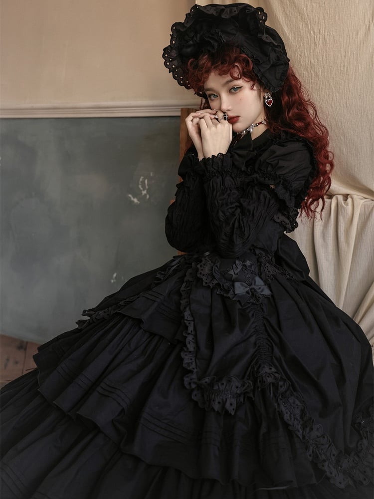 Heart-shaped Lolita Version Bowknots Black Dress and with Long JSK Ruffled Gothic Decoration