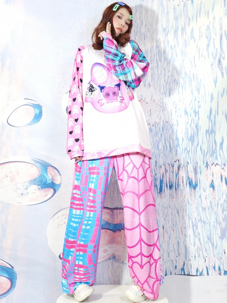 Plaid Pattern Y2K Web BluePink Flare Pants And Spider Silhouette