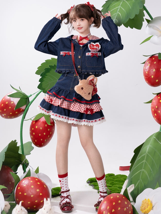 Navy Blue Heart Applique Bunny Ear Hooded Denim Short Jacket Ruffle Hem