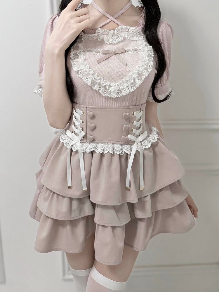 Ryousangata Pink Three-Tiered Elevated Waist Skirt - nekura