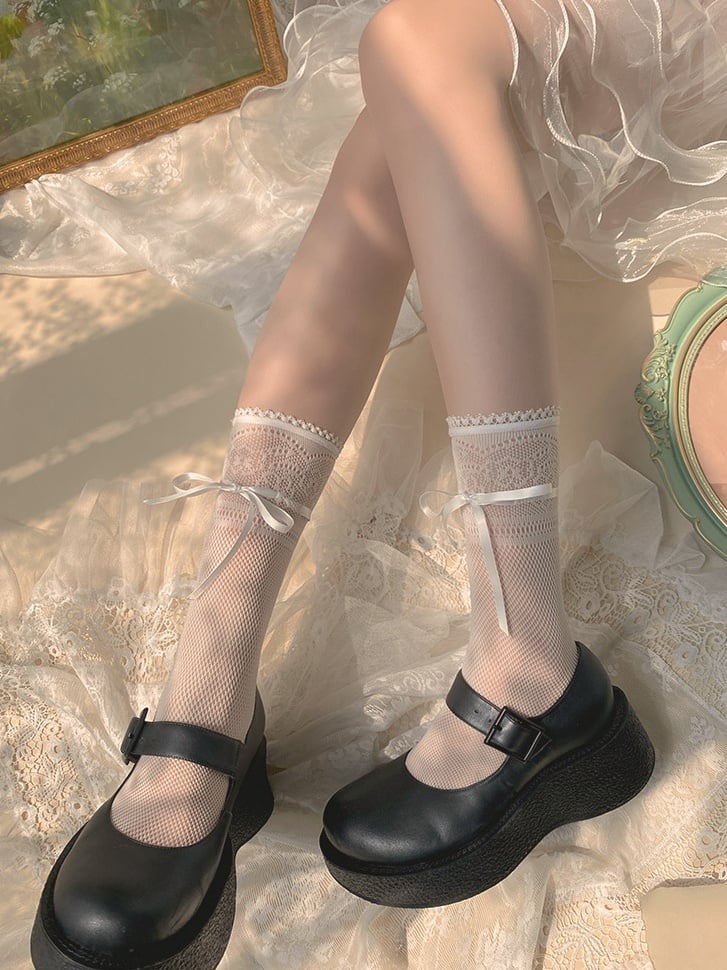 White/Black Calf Ribbon Bow Lace Socks Breathable
