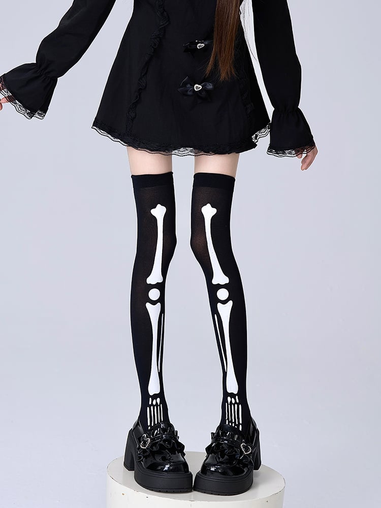 Over Stockings Black Knee Print Bone