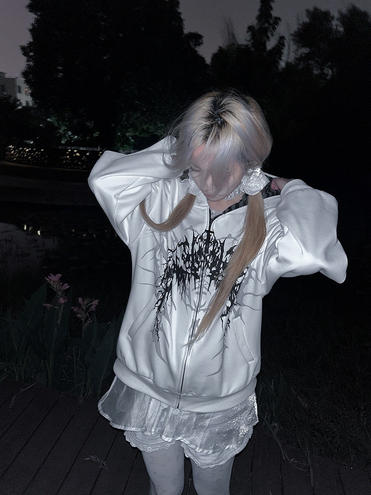 Print Fantasy Dark Black/White Gothic with Striped-Lined Lightweight Hoodie