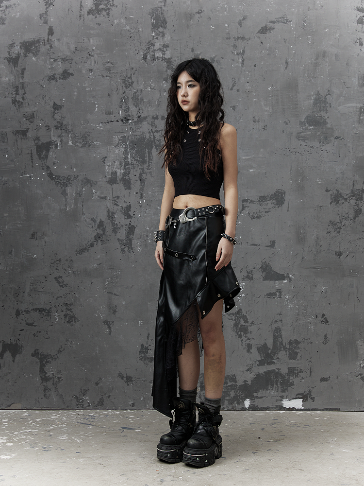 Asymmetrical Black Punk PU Skirt With Studded Belt Lace Accents