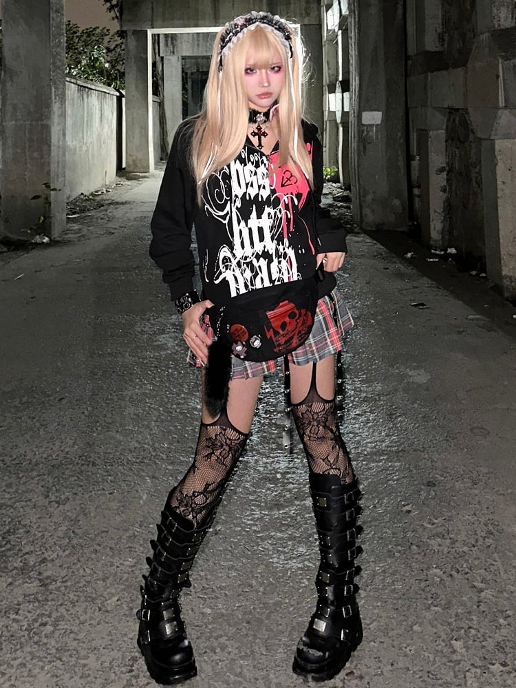 Cat Black Punk Print Style And Letter Waist in Bag Accents Ear Skeleton