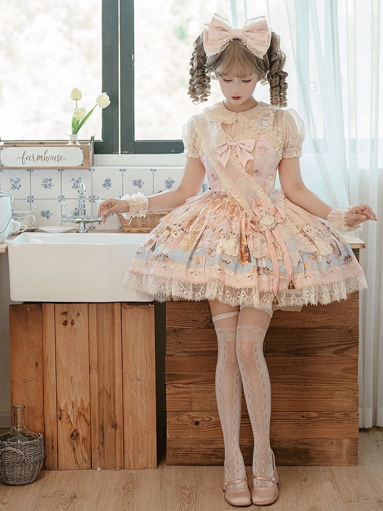 Party Tee Lolita Kitty Mieder Druck Jumper Korsett Kleid Rosa Rock Süße