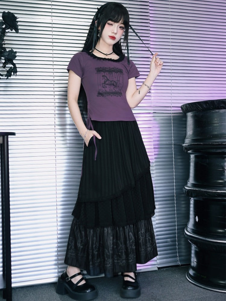 Purple Cotton Short Sleeve Square-Neck Tee with Carousel Print and Drawstring - Quirky Hut