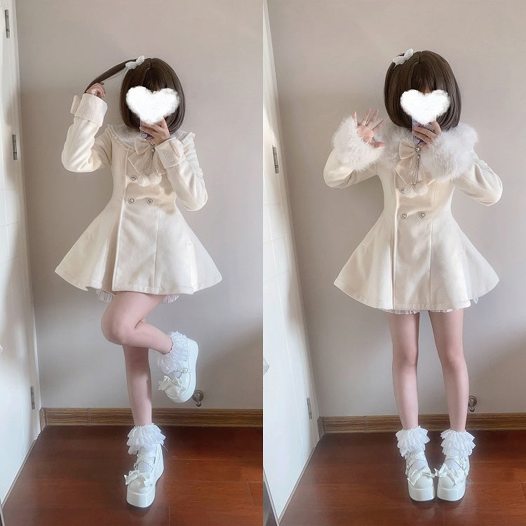 ジライケイ ベージュ 取り外し可能なプラッシュカラーとカフス 地雷風 リボン付きウールコート