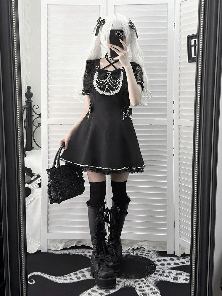 Black Bead Chain Decorated Short Sleeve Dress Set with Shorts and Bow Tie - Angel Share