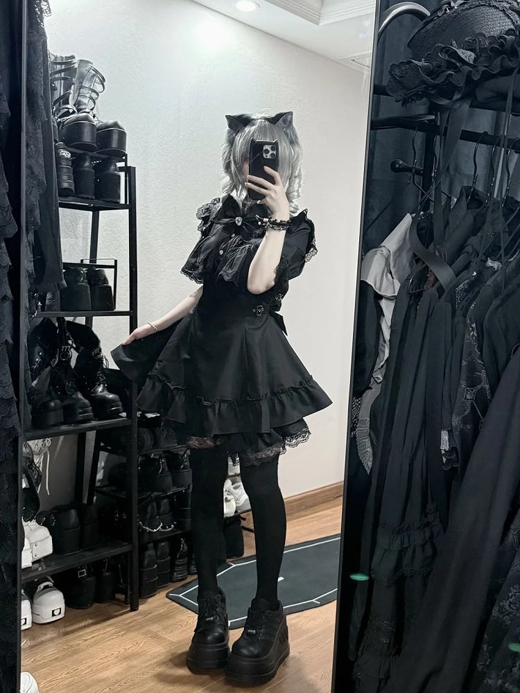 Ruffled Lace Short-Sleeve Matching Bow Black Tie Kei Dress Shorts Set + Jirai