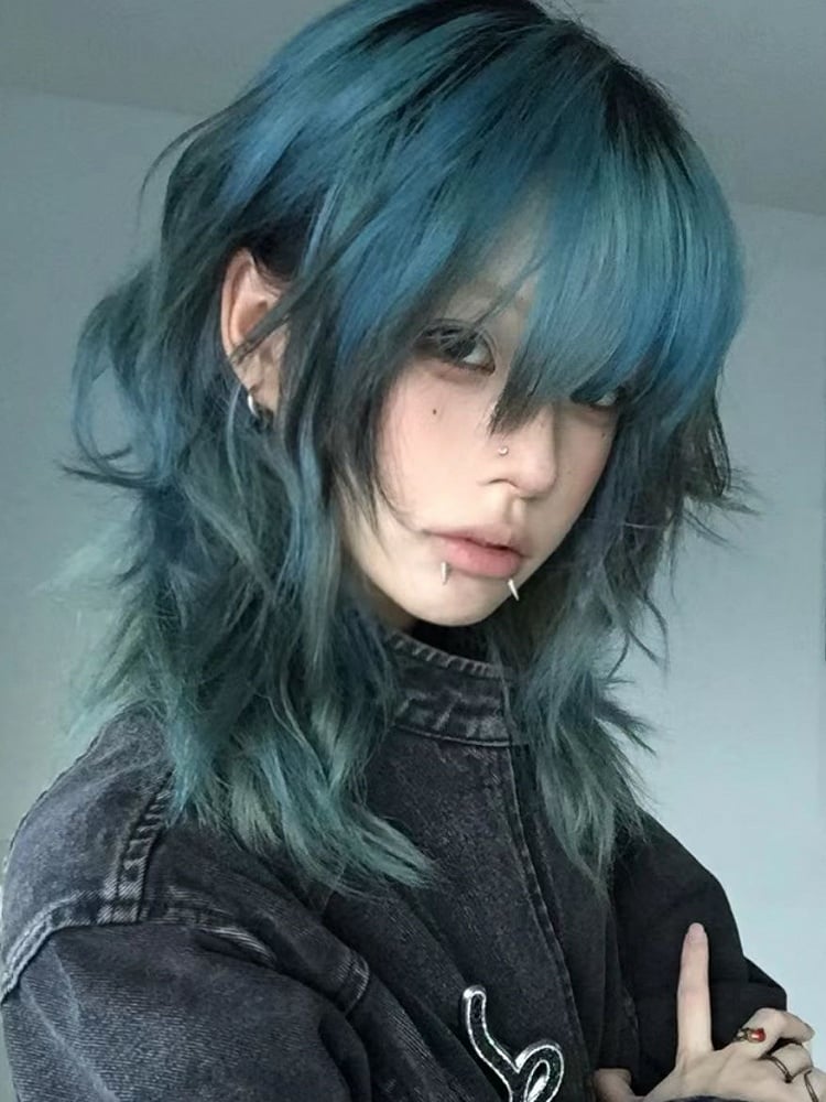 55CM Short Blue Wig Style Bangs Highlight with Ouji