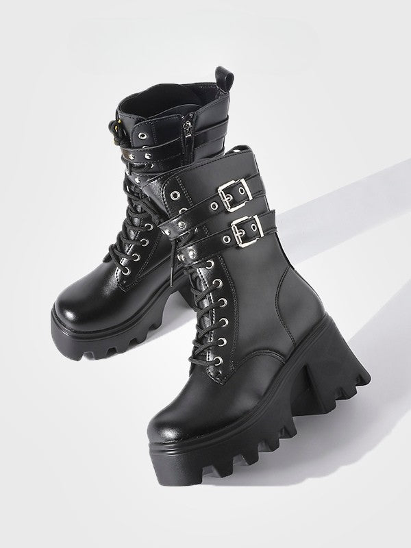 Chunky Lace-Up Heel Closure Dual System Punk on with Platform - Inner Buckle Zip Boots Black