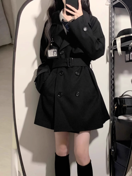 Taille JK Mantel Gürtel Uniform Graben Schwarz/Khaki Mit